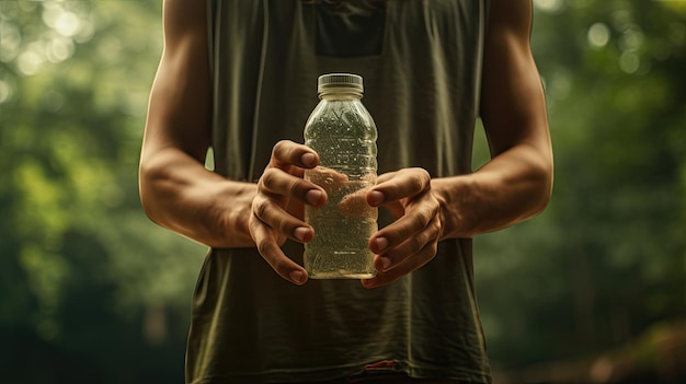 Hombre sosteniendo una botella grande de agua Día de la Tierra