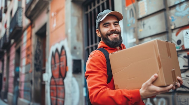 Hombre sosteniendo una caja delante del edificio