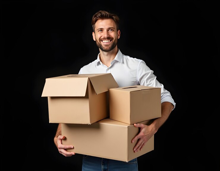 un hombre sosteniendo una caja que dice feliz en ella