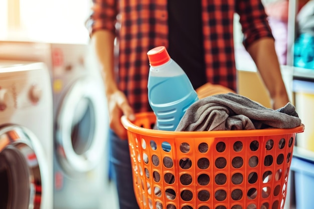 Hombre sosteniendo una canasta con botella de detergente y ropa en la sala de lavandería