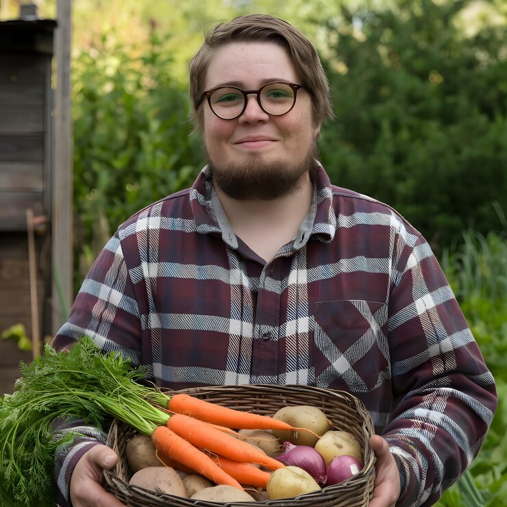 un hombre sosteniendo una canasta de verduras con un hombre manteniendo una caja de verduras