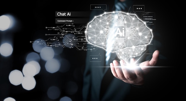 Hombre sosteniendo un cerebro de AI Charla con IA Tecnología de Inteligencia Artificial AI Concepto de inteligencia artificial mediante la entrada del mensaje de comandos para generar algo Transformación tecnológica futurista