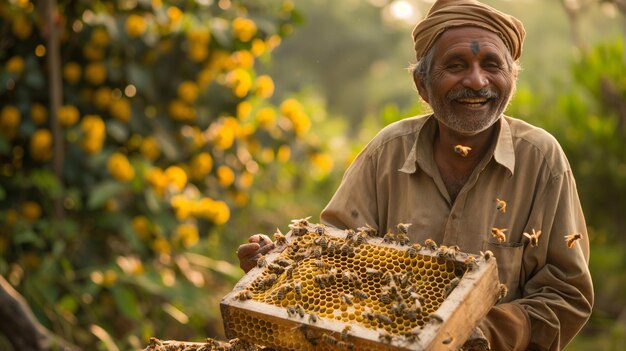 Foto un hombre está sosteniendo una colmena que tiene abejas en ella