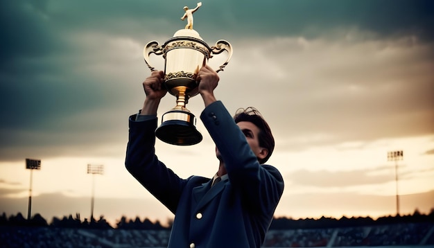 un hombre sosteniendo una copa de trofeo