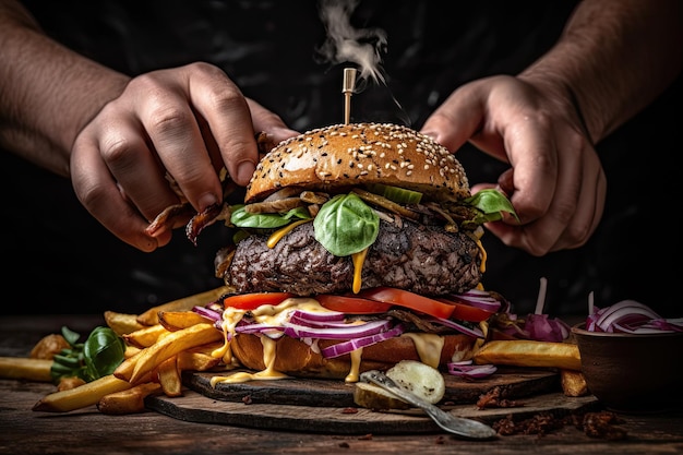 Un hombre sosteniendo una gran hamburguesa con papas fritas Generativo Ai