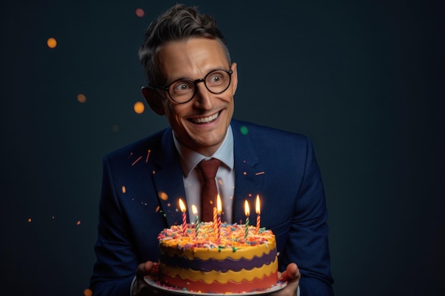 hombre sosteniendo un gran pastel de cumpleaños con velas con confeti sonriendo