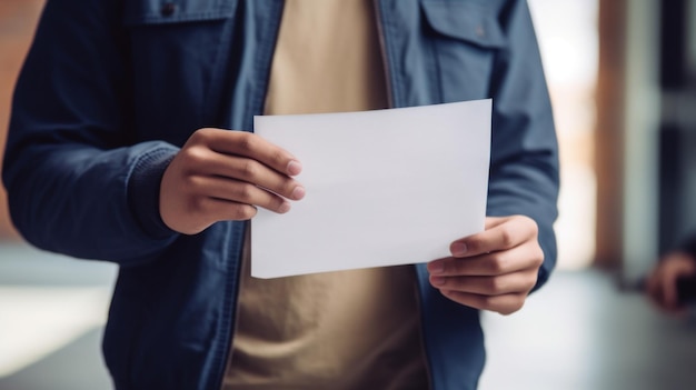 Foto un hombre sosteniendo una hoja de papel en blanco