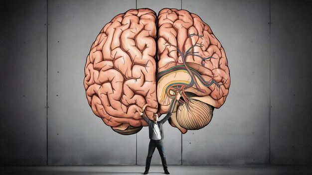 Hombre sosteniendo la ilustración del cerebro contra la pared gris