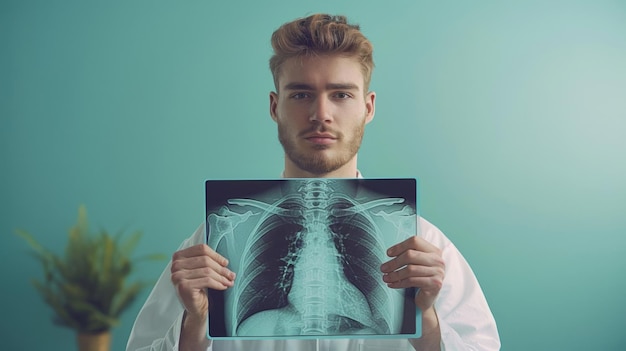 un hombre sosteniendo una imagen de rayos X de un pecho