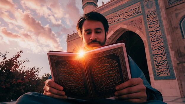 Hombre sosteniendo y leyendo el Corán antecedentes islámicos