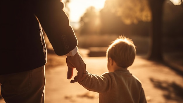 Un hombre sosteniendo la mano de un niño y la palabra familia al costado de la imagen