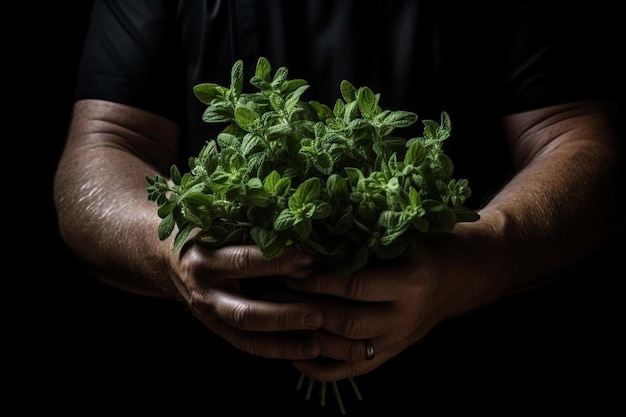 un hombre sosteniendo un manojo de ramitas de apio verdes frescas