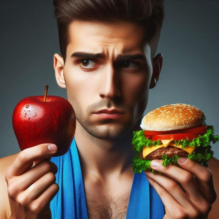 un hombre sosteniendo una manzana y una hamburguesa con una manzana en la mano