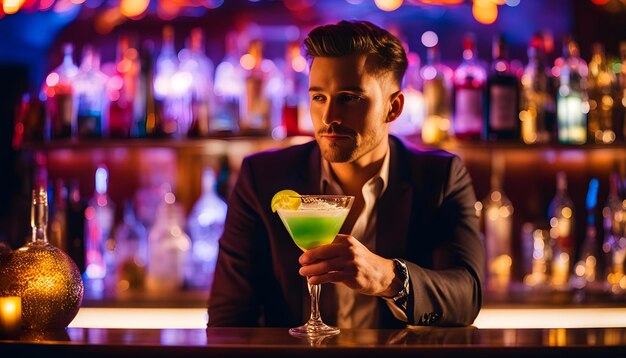 Foto un hombre está sosteniendo un martini en una barra con una cuña de limón en la barra