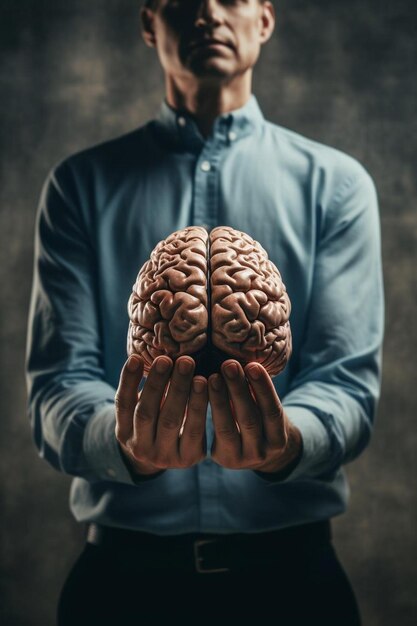 Foto un hombre sosteniendo un modelo de cerebro en sus manos