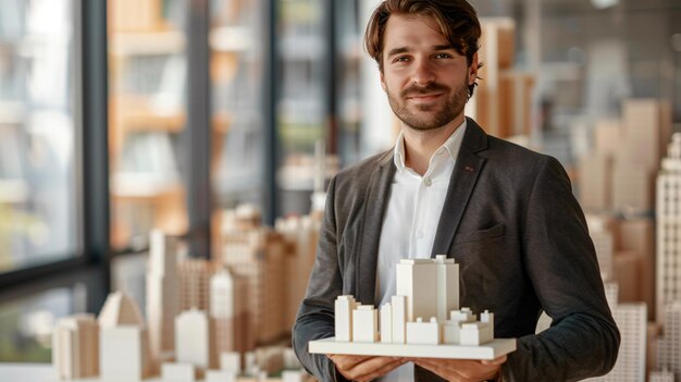 un hombre sosteniendo un modelo de un modelo de una modelo de una ciudad