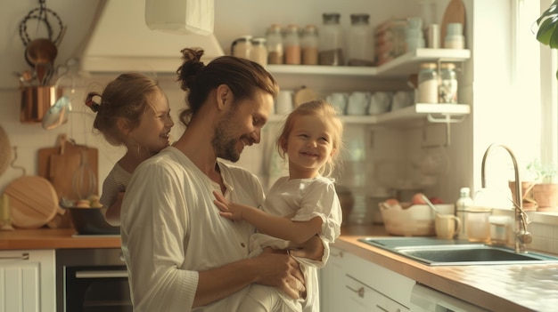 Un hombre sosteniendo a una niña en una cocina cálida y acogedora