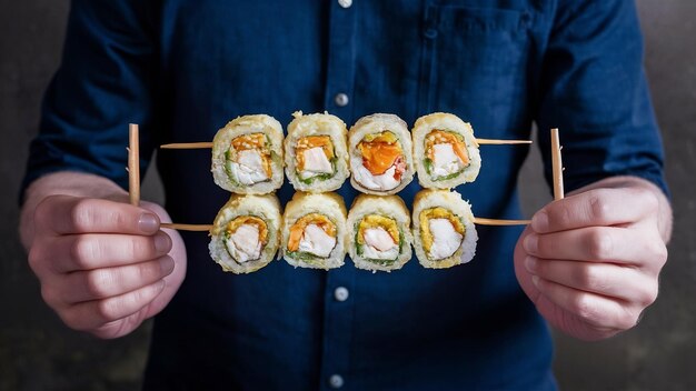 Hombre sosteniendo palos con tempura rollo de arroz cangrejo crema queso sésamo anguila jengibre wasabi vista lateral