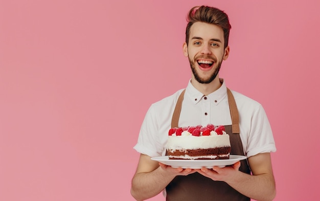 hombre sosteniendo pastel de cumpleaños en un fondo de color sólido panadería o concepto de feliz cumpleaños espacio para el texto
