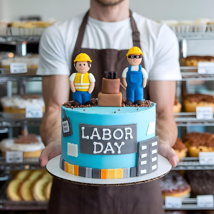 un hombre sosteniendo un pastel que dice día de trabajo en él