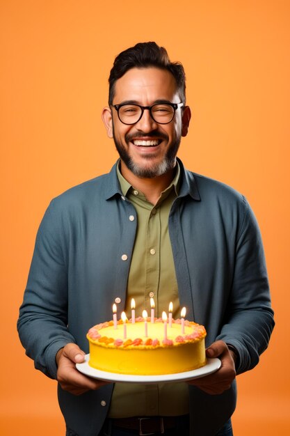 Foto hombre sosteniendo pastel con velas en él y sonriendo ia generativa