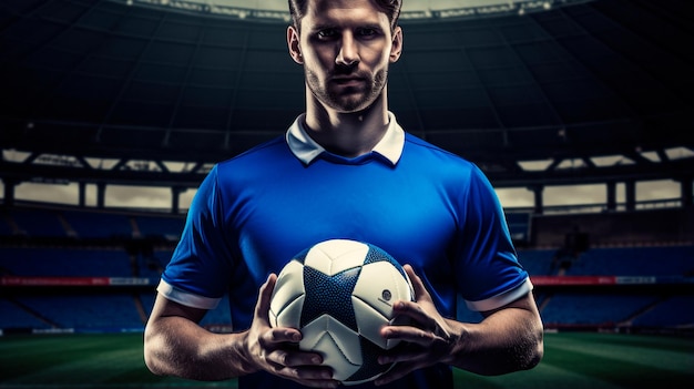 un hombre sosteniendo una pelota de fútbol en un estadio