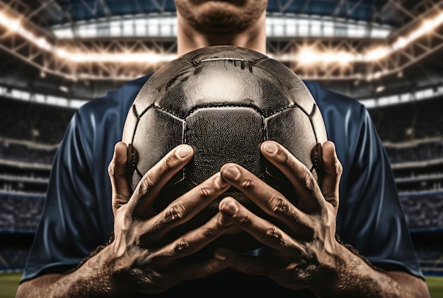 Hombre sosteniendo una pelota de fútbol IA generativa
