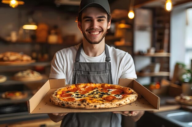 Hombre sosteniendo pizza en una caja de pizza