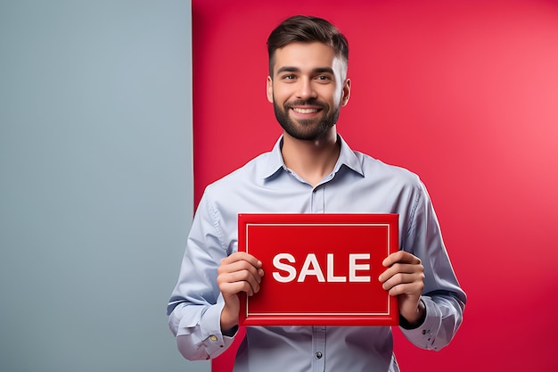 Foto un hombre sosteniendo una placa de venta negra roja