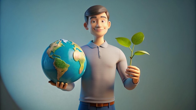 un hombre sosteniendo una planta y un globo con el mundo en él