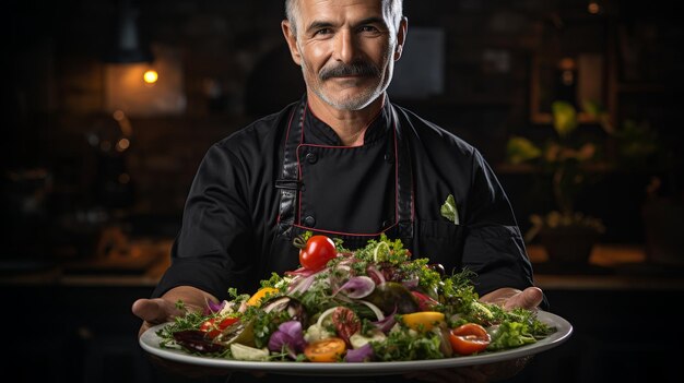 Hombre sosteniendo un plato de ensalada vibrante en sus manos disfrutando de una comida fresca y saludable