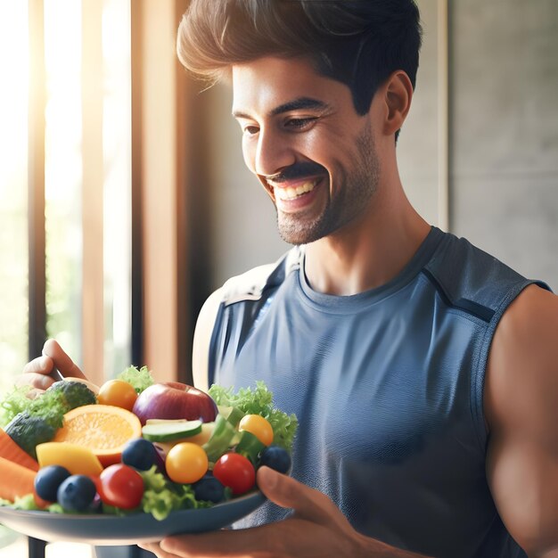 Hombre sosteniendo un plato de fruta y sonriendo