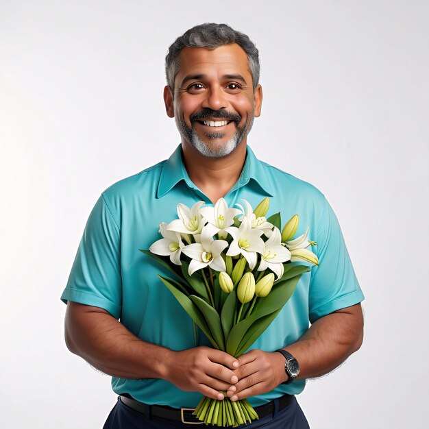 un hombre sosteniendo un ramo de flores