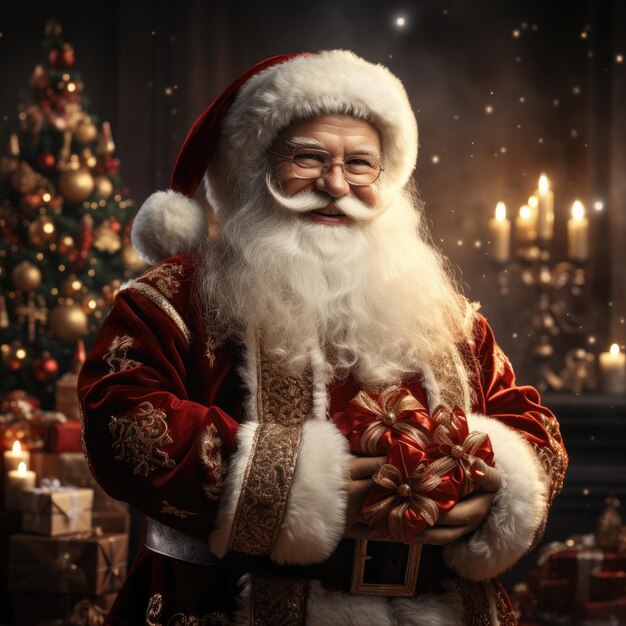 un hombre sosteniendo un regalo y un árbol de Navidad al fondo.