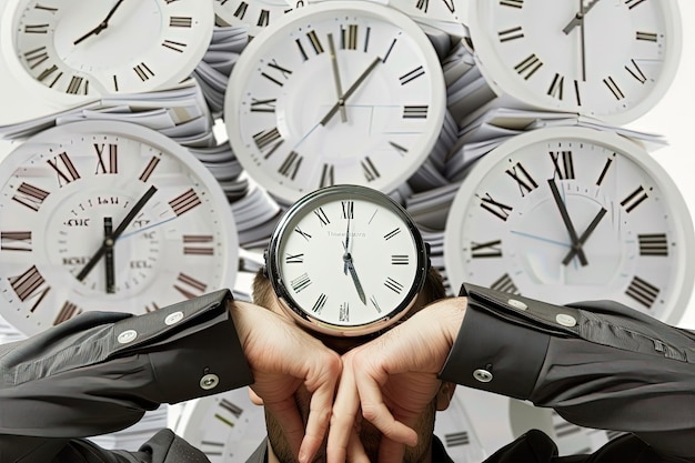 Un hombre sosteniendo un reloj frente a un montón de relojes