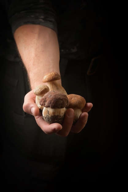 Foto hombre sosteniendo el rey bolete en la mano estilo rústico