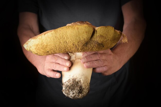 Foto hombre sosteniendo el rey bolete en la mano estilo rústico