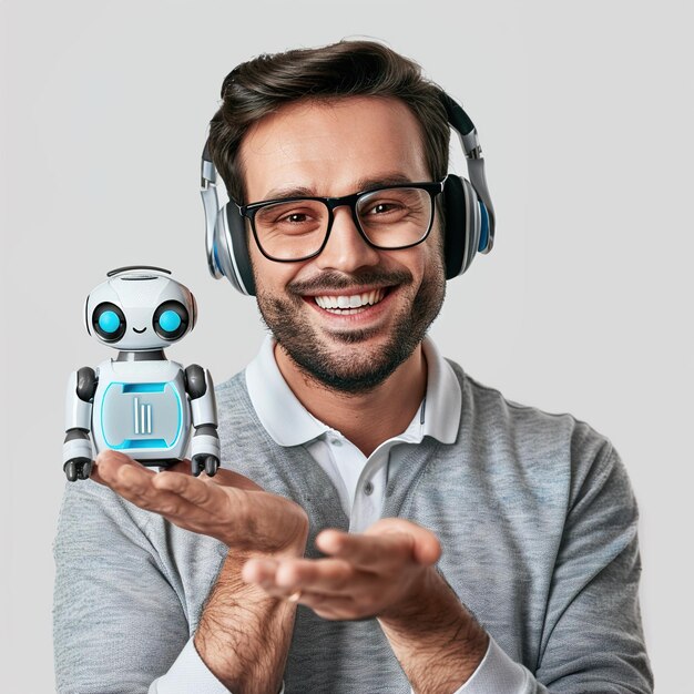 Foto un hombre sosteniendo un robot y usando auriculares