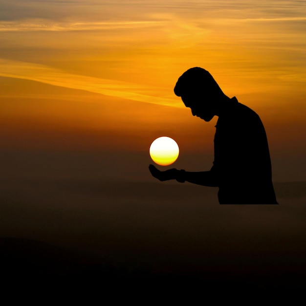 Un hombre sosteniendo un sol frente a una puesta de sol con la puesta de sol detrás de él.