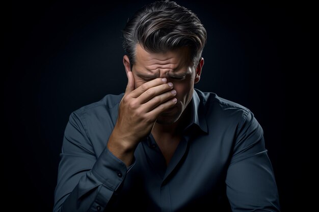 Hombre en sosteniendo su cabeza sobre un fondo oscuro concepto de desesperación problemas de depresión