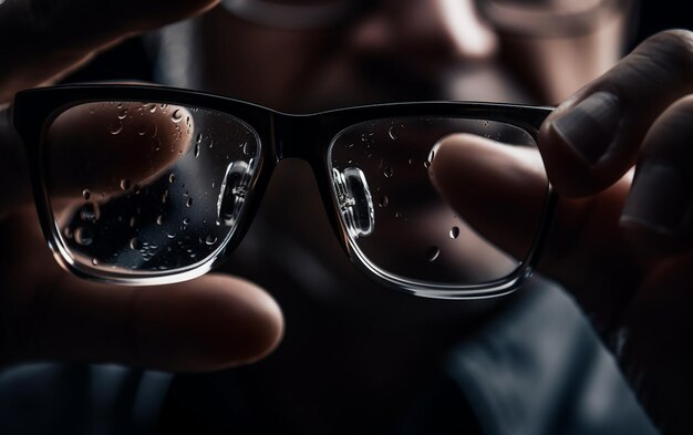 Foto un hombre sosteniendo sus anteojos con la palabra inteligente.