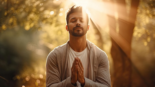 Un hombre sosteniendo sus manos contra su pecho y meditando en la naturaleza y el sol con brillantes rayos de luz brillando maravillosamente a través de los árboles.