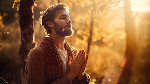 Un hombre sosteniendo sus manos contra su pecho y meditando en la naturaleza y el sol con brillantes rayos de luz brillando maravillosamente a través de los árboles.