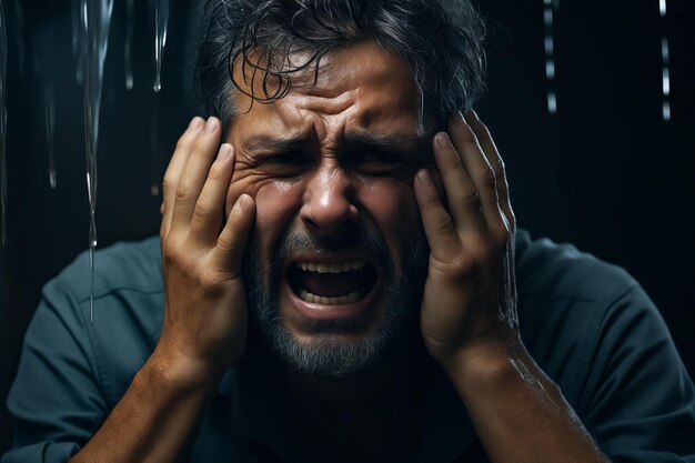 Hombre sosteniendo sus manos a su cara con un diente IA generativa