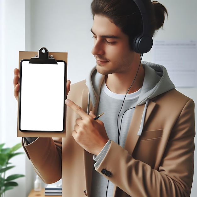 un hombre sosteniendo una tableta con auriculares en ella