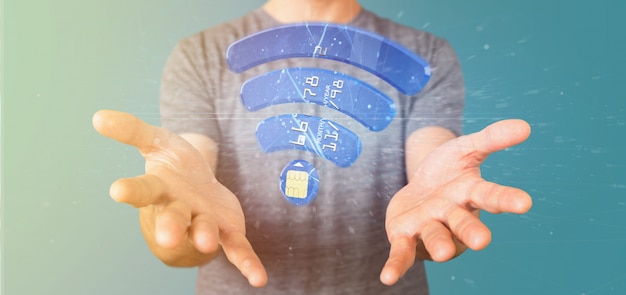 Hombre sosteniendo una tarjeta de crédito sin contacto pago concepto renderizado 3d