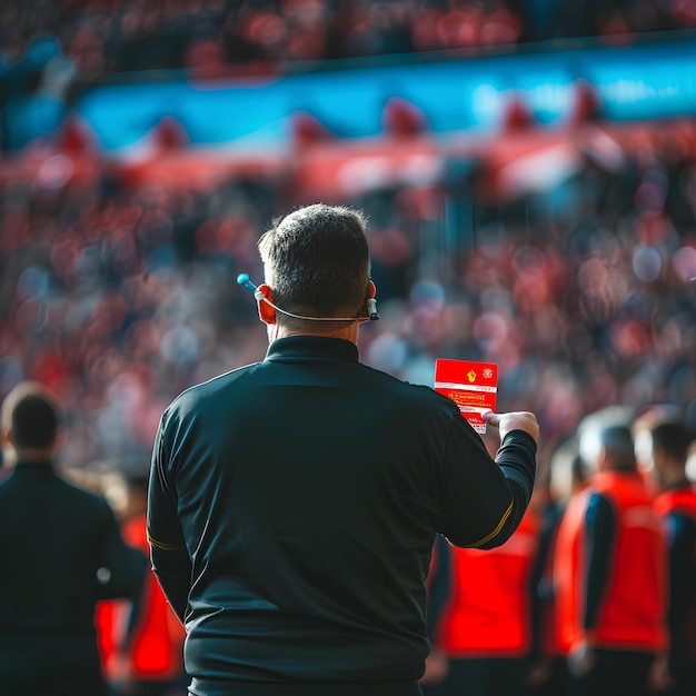 Un hombre sosteniendo una tarjeta roja frente a una multitud de personas en un estadio con una bandera roja