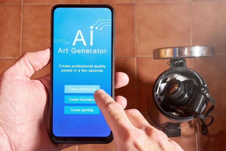 Foto hombre sosteniendo un teléfono móvil con interfaz de aplicación móvil capaz de generar arte utilizando ia con cámara de fotografía en el contenedor de basura en el fondo concepto de ia reemplazando trabajos