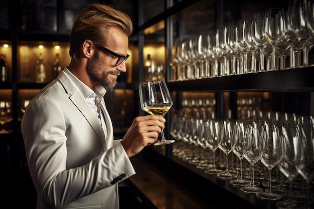 Foto un hombre está sosteniendo un vaso de vino con una copa de vino en él