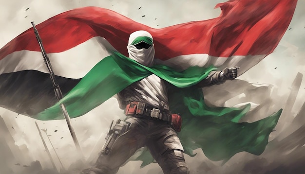 Un hombre sostiene una bandera palestina frente a un superhéroe o guerrero de la mezquita Al Aqsa que lleva una Palestina